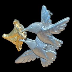 Pewter Mark Shields Signed Two Hummingbirds Flower Pin Brooch Nature Figural